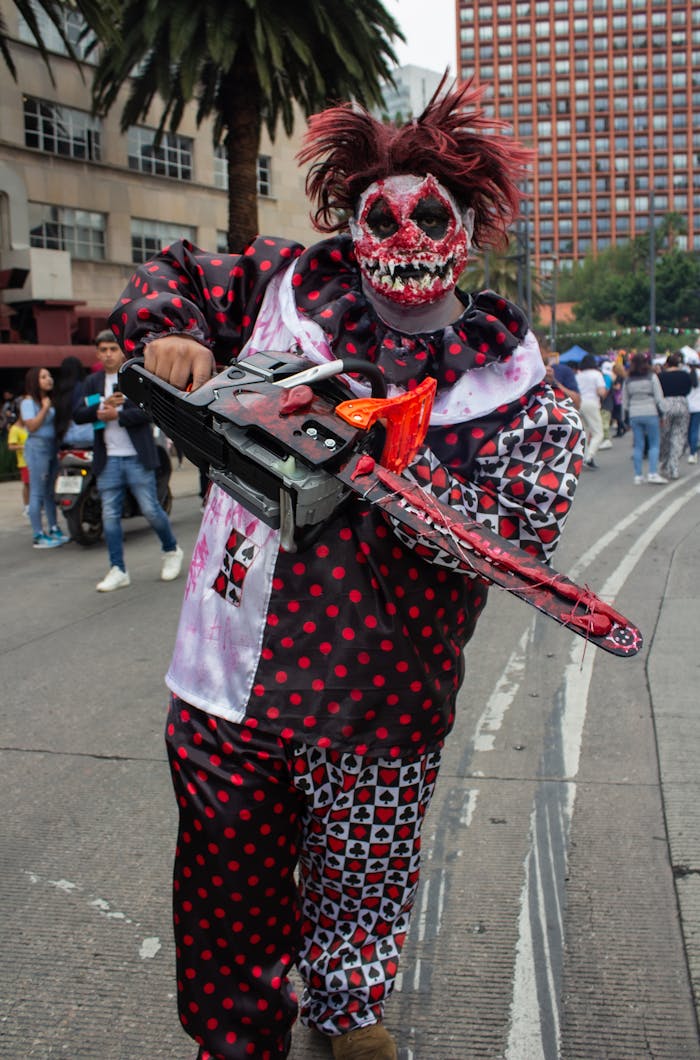 gallery-6 Frightening clown with a chainsaw at a street parade in Ciudad de México. Vivid costume and makeup.